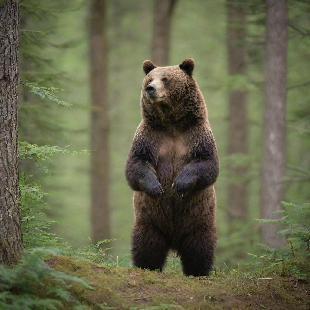 A majestic, adult grizzly bear standing on its rear limbs spotted amidst a lush green forest.