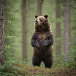 A majestic, adult grizzly bear standing on its rear limbs spotted amidst a lush green forest.