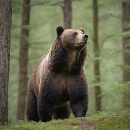 A majestic, adult grizzly bear standing on its rear limbs spotted amidst a lush green forest.