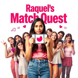 A fictional movie cover inspired by Tinder featuring a young woman named Raquel at the center, holding a phone displaying the Tinder logo, with a playful yet skeptical expression