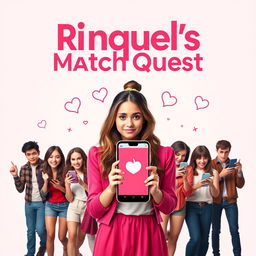 A fictional movie cover inspired by Tinder featuring a young woman named Raquel at the center, holding a phone displaying the Tinder logo, with a playful yet skeptical expression