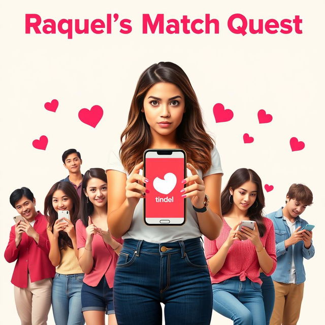 A fictional movie cover inspired by Tinder featuring a young woman named Raquel at the center, holding a phone displaying the Tinder logo, with a playful yet skeptical expression