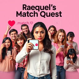 A fictional movie cover inspired by Tinder featuring a young woman named Raquel at the center, holding a phone displaying the Tinder logo, with a playful yet skeptical expression