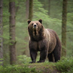 A majestic, adult grizzly bear standing on its rear limbs spotted amidst a lush green forest.