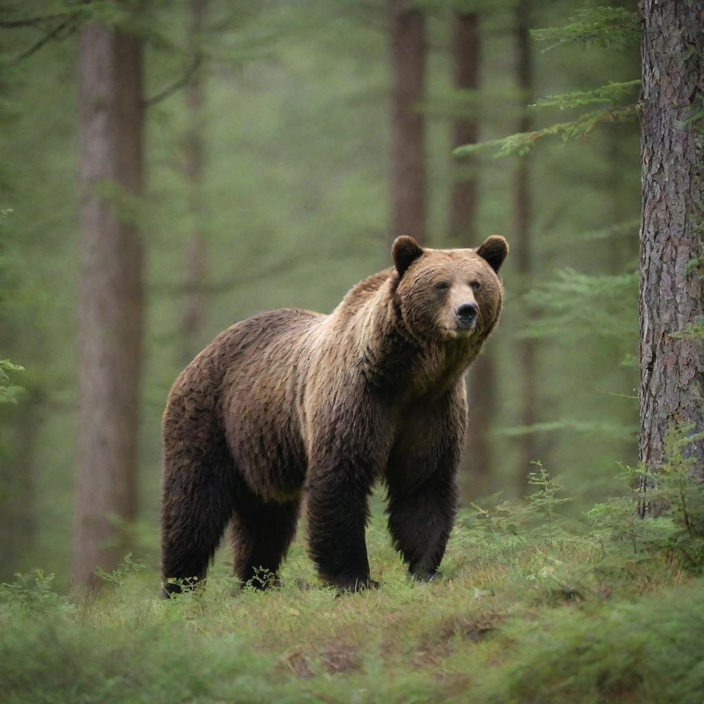 A majestic, adult grizzly bear standing on its rear limbs spotted amidst a lush green forest.