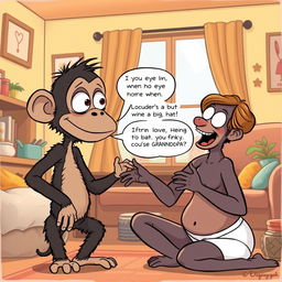 A humorous cartoon illustration of Buster, an ape with big eyes situated on his tiny skinny neck, engaging in a playful interrogation with his mom in their cozy house
