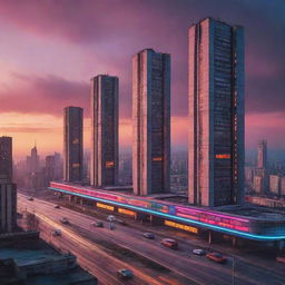 A futuristic cityscape inspired by Soviet architecture, with towering Brutalist structures, neon signs in Cyrillic, advanced technologies such as hovercars and drones, under a sky streaked with colours of the sunset