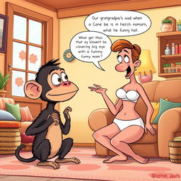 A humorous cartoon illustration of Buster, an ape with big eyes situated on his tiny skinny neck, engaging in a playful interrogation with his mom in their cozy house