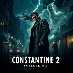 A cinematic teaser trailer scene for the upcoming movie 'Constantine 2', featuring the iconic character, John Constantine, played by Keanu Reeves