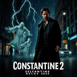 A cinematic teaser trailer scene for the upcoming movie 'Constantine 2', featuring the iconic character, John Constantine, played by Keanu Reeves