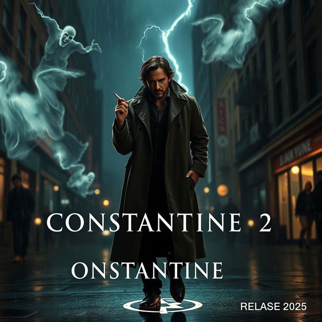 A cinematic teaser trailer scene for the upcoming movie 'Constantine 2', featuring the iconic character, John Constantine, played by Keanu Reeves