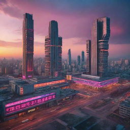 A futuristic cityscape inspired by Soviet architecture, with towering Brutalist structures, neon signs in Cyrillic, advanced technologies such as hovercars and drones, under a sky streaked with colours of the sunset