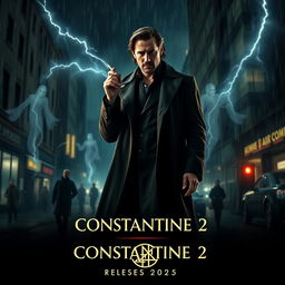 A cinematic teaser trailer scene for the upcoming movie 'Constantine 2', featuring the iconic character, John Constantine, played by Keanu Reeves