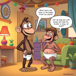 A lively cartoon illustration of Buster, an ape characterized by big eyes perched on his tiny skinny neck, having no tail, and a small head