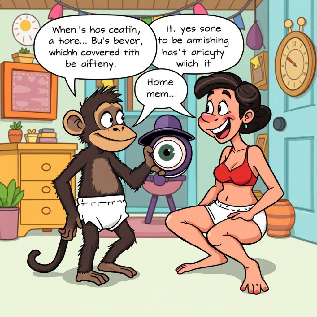 A lively cartoon illustration of Buster, an ape characterized by big eyes perched on his tiny skinny neck, having no tail, and a small head