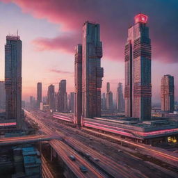 A futuristic cityscape inspired by Soviet architecture, with towering Brutalist structures, neon signs in Cyrillic, advanced technologies such as hovercars and drones, under a sky streaked with colours of the sunset