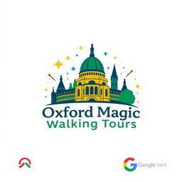 A logo design for "Oxford Magic Walking Tours" inspired by the aesthetics of the Tripadvisor, Get Your Guide, and Google logos