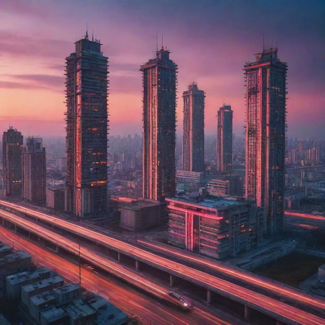 A futuristic cityscape inspired by Soviet architecture, with towering Brutalist structures, neon signs in Cyrillic, advanced technologies such as hovercars and drones, under a sky streaked with colours of the sunset