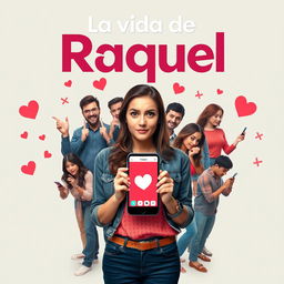 A fictional movie poster inspired by the Tinder app, featuring a young woman named Raquel at the center, holding a phone displaying the Tinder logo with a playful yet skeptical expression