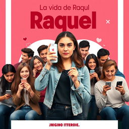 A fictional movie poster inspired by the Tinder app, featuring a young woman named Raquel at the center, holding a phone displaying the Tinder logo with a playful yet skeptical expression