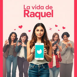 A fictional movie poster inspired by the Tinder app, featuring a young woman named Raquel at the center, holding a phone displaying the Tinder logo with a playful yet skeptical expression