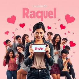 A fictional movie poster inspired by the Tinder app, featuring a young woman named Raquel at the center, holding a phone displaying the Tinder logo with a playful yet skeptical expression