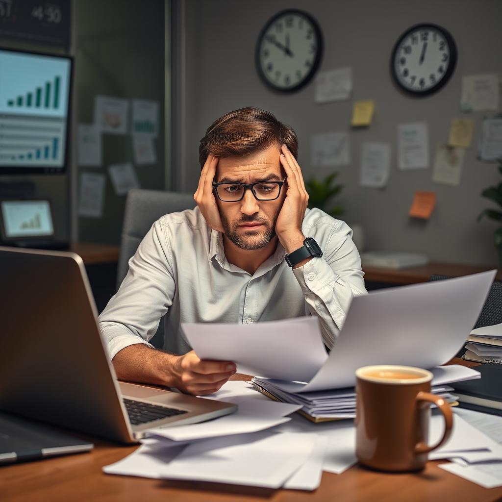 A professional account manager in a modern office setting, looking stressed and overwhelmed as they work on their laptop