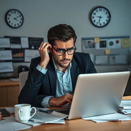 A professional account manager in a modern office setting, looking stressed and overwhelmed as they work on their laptop