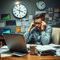 A professional account manager in a modern office setting, looking stressed and overwhelmed as they work on their laptop