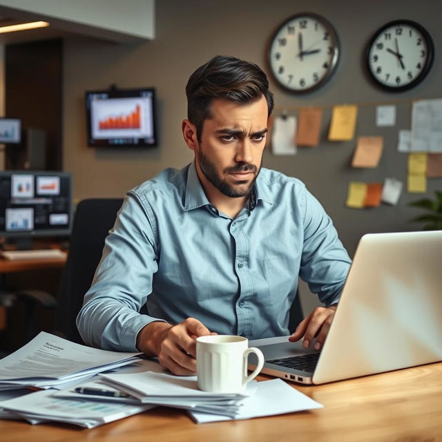 A professional account manager in a modern office setting, looking stressed and overwhelmed as they work on their laptop