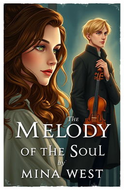 A stunning book cover illustration for 'The Melody of the Soul' by Mina West, set in Leningrad during dark times
