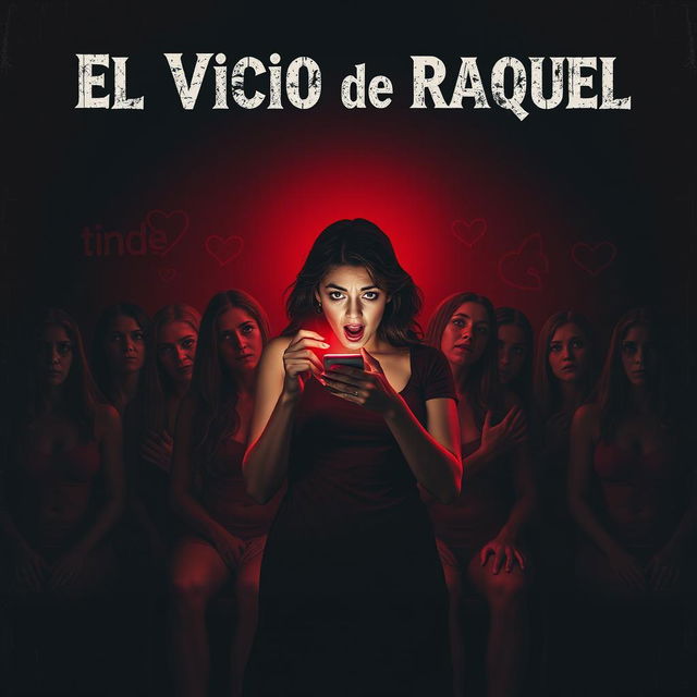 A fictional horror movie poster titled 'El Vicio de Raquel', featuring a central character, Raquel, who is holding a phone emitting a haunting red glow that illuminates her fearful and astonished face