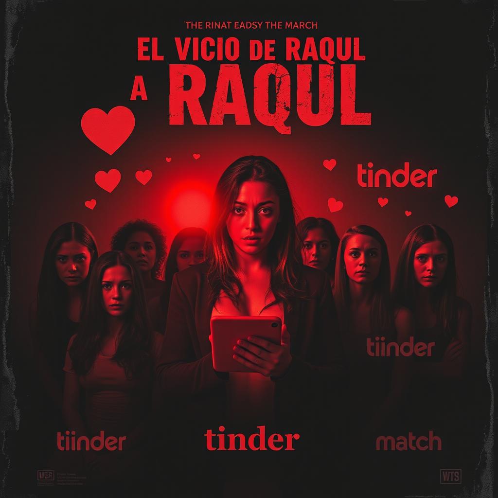 A fictional horror movie poster titled 'El Vicio de Raquel', featuring a central character, Raquel, who is holding a phone emitting a haunting red glow that illuminates her fearful and astonished face