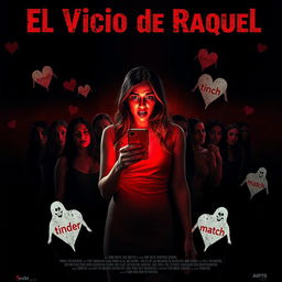 A fictional horror movie poster titled 'El Vicio de Raquel', featuring a central character, Raquel, who is holding a phone emitting a haunting red glow that illuminates her fearful and astonished face