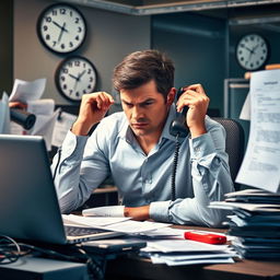 A scene portraying a stressed account manager at a technology firm, surrounded by a chaotic workspace