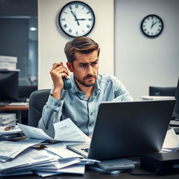 A scene portraying a stressed account manager at a technology firm, surrounded by a chaotic workspace
