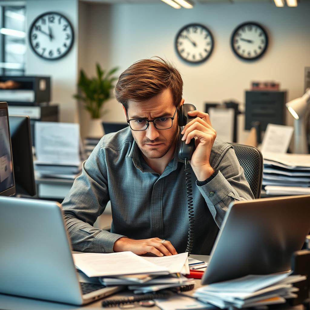 A scene portraying a stressed account manager at a technology firm, surrounded by a chaotic workspace