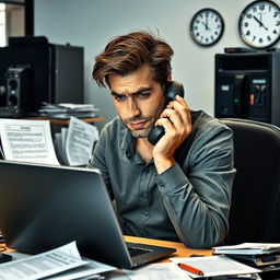 A scene portraying a stressed account manager at a technology firm, surrounded by a chaotic workspace
