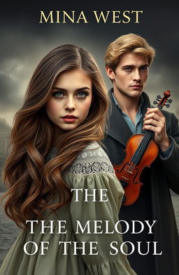 A stunning book cover for "The Melody of the Soul" by Mina West, set in Soviet-era Leningrad during dark times