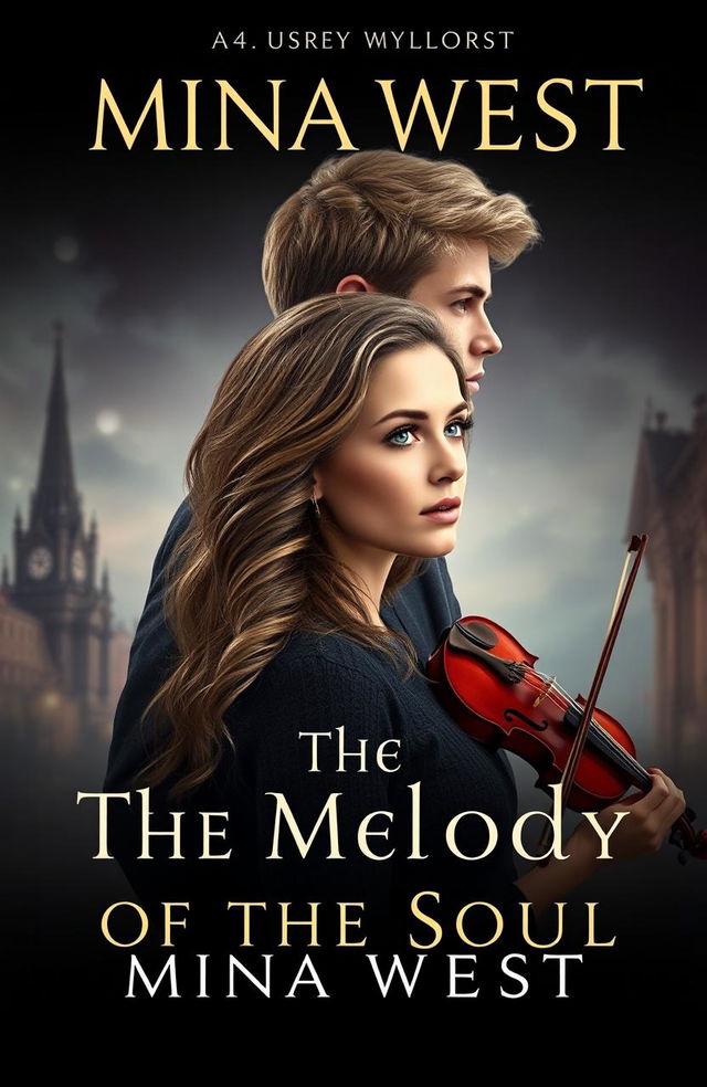 A stunning book cover for 'The Melody of the Soul' by Mina West, featuring an incredibly attractive tall girl and a tall man, set in the dark, historical backdrop of Leningrad during the USSR era