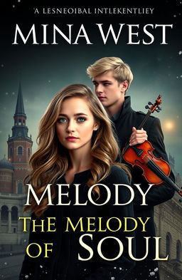 A stunning book cover for 'The Melody of the Soul' by Mina West, featuring an incredibly attractive tall girl and a tall man, set in the dark, historical backdrop of Leningrad during the USSR era