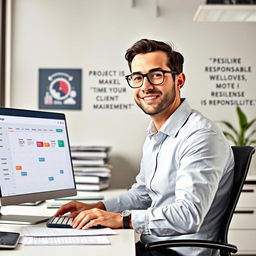 A visually engaging scene depicting a proactive account manager at a technology firm, confidently handling a busy workload