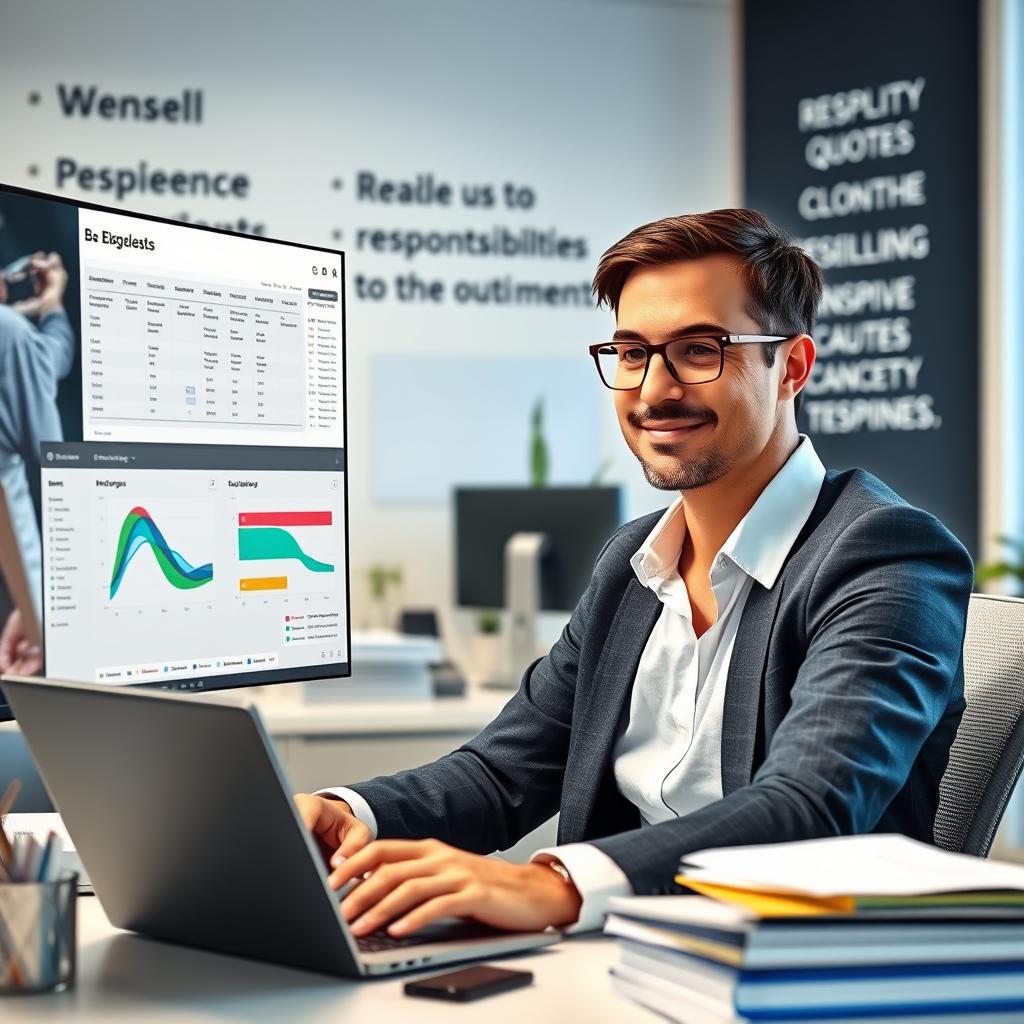 A visually engaging scene depicting a proactive account manager at a technology firm, confidently handling a busy workload