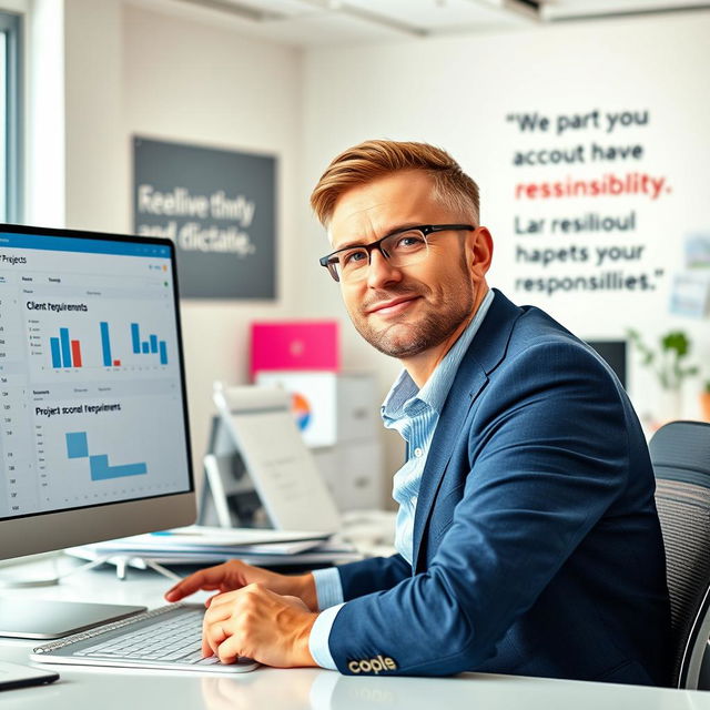 A visually engaging scene depicting a proactive account manager at a technology firm, confidently handling a busy workload