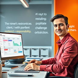 A visually engaging scene depicting a proactive account manager at a technology firm, confidently handling a busy workload