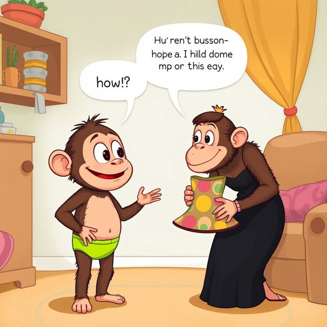 An imaginative illustration depicting Buster, a big-eyed ape boy with a round face and a cheerful expression, interacting with his mother inside their home