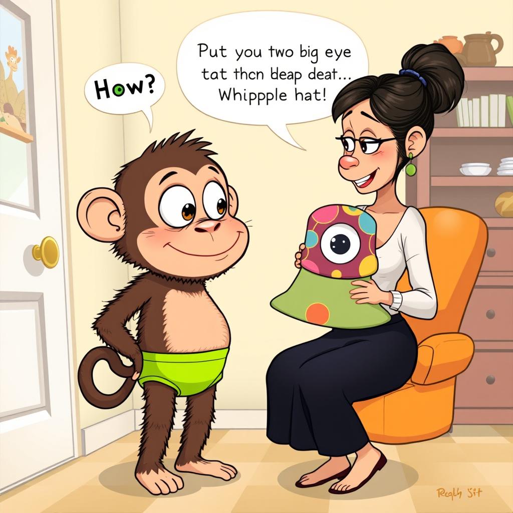 An imaginative illustration depicting Buster, a big-eyed ape boy with a round face and a cheerful expression, interacting with his mother inside their home