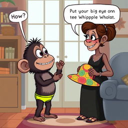 An imaginative illustration depicting Buster, a big-eyed ape boy with a round face and a cheerful expression, interacting with his mother inside their home