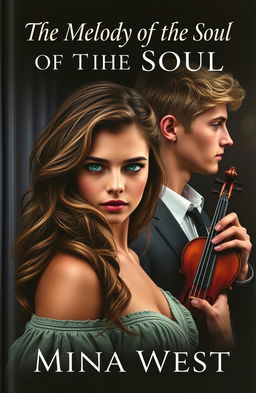 A captivating book cover featuring a stunningly beautiful tall girl with wavy hair and striking green eyes, embodying beauty standards, lost in thought as she gazes forward