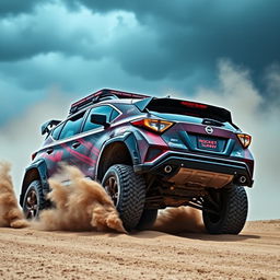 A fiercely modified Nissan Murano Z51 with Rocket Bunny sport tuning, equipped with extreme dirt tyres and a lifted suspension for superior off-road performance